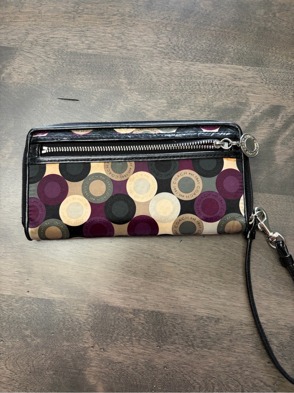 Coach Wristlet Clutch in Beige, Black & Plum Circle Print